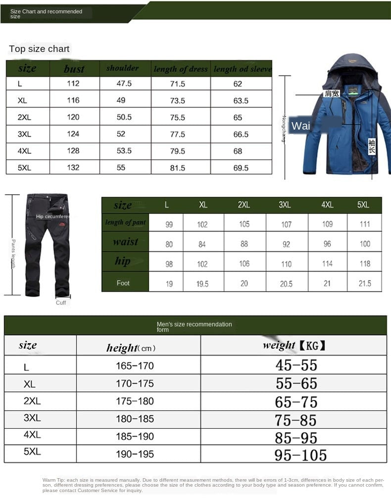 Ski Suit Great for Skiing and Snowboarding Warm Waterproof Windproof Fleece Jacket+pant Winter Snow Suit Male