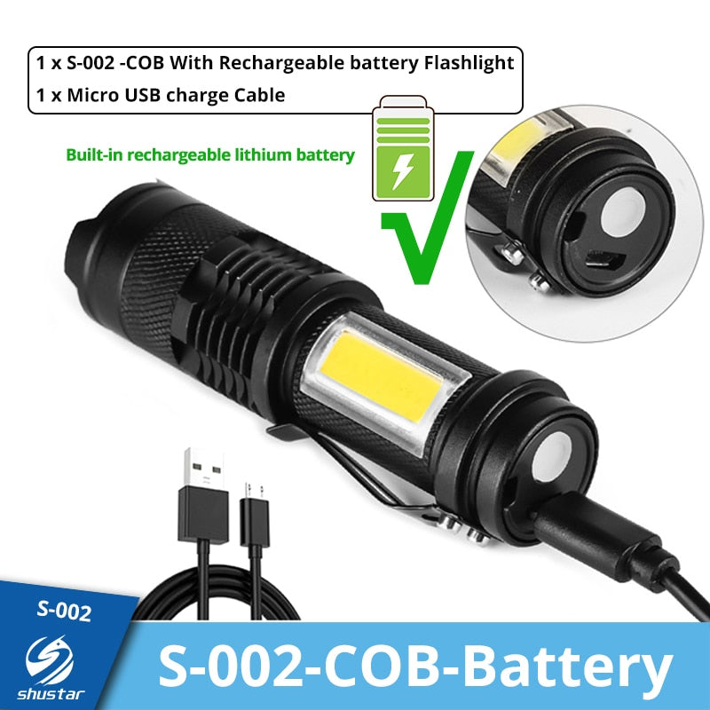 Mini Rechargeable LED Flashlight Use XPE + COB lamp beads 100 meters lighting distance Used for adventure, camping, etc.