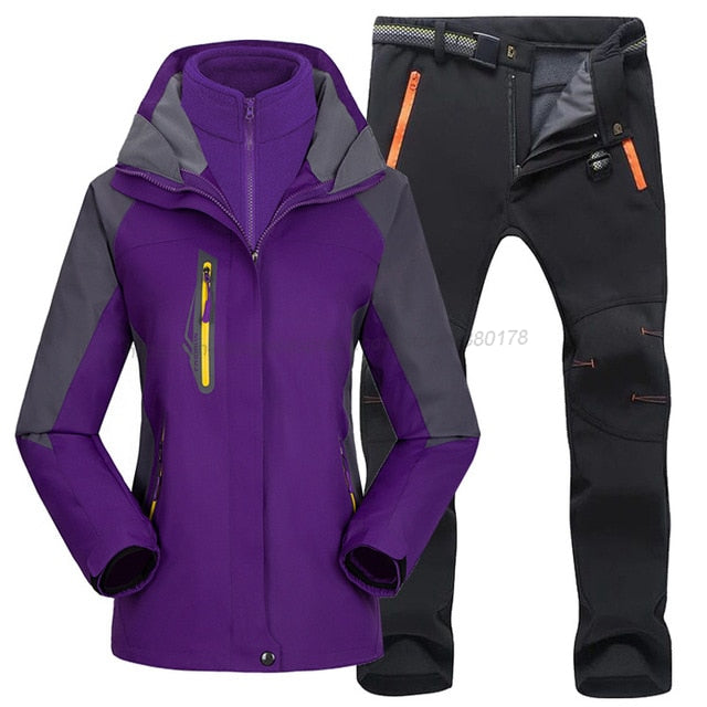 Women Ski Suit Outdoor Hiking Skiing Waterproof Jackets Fleece Winter Warm Fishing Trekking Ski jacket Pant Set for Female