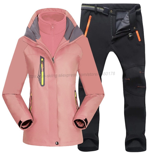 Women Ski Suit Outdoor Hiking Skiing Waterproof Jackets Fleece Winter Warm Fishing Trekking Ski jacket Pant Set for Female