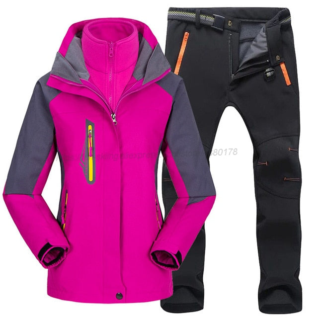 Women Ski Suit Outdoor Hiking Skiing Waterproof Jackets Fleece Winter Warm Fishing Trekking Ski jacket Pant Set for Female