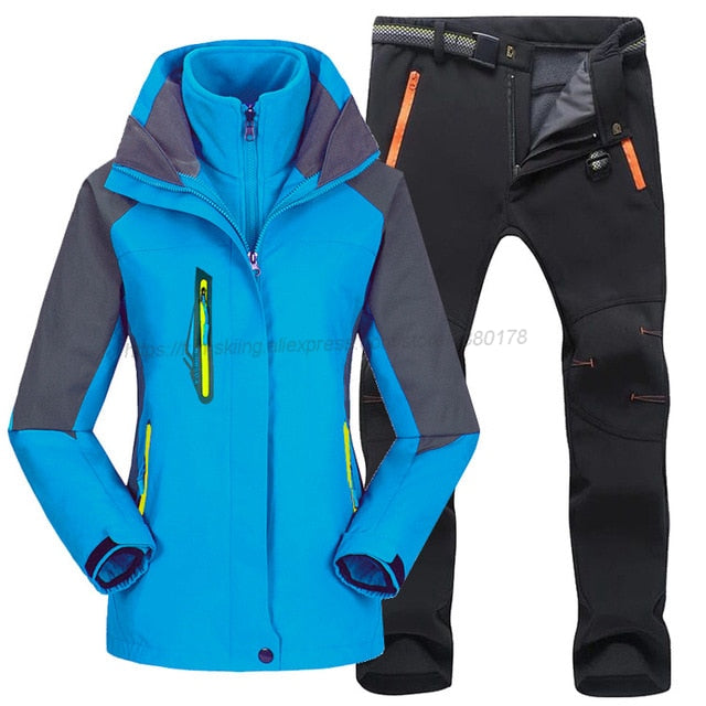 Women Ski Suit Outdoor Hiking Skiing Waterproof Jackets Fleece Winter Warm Fishing Trekking Ski jacket Pant Set for Female