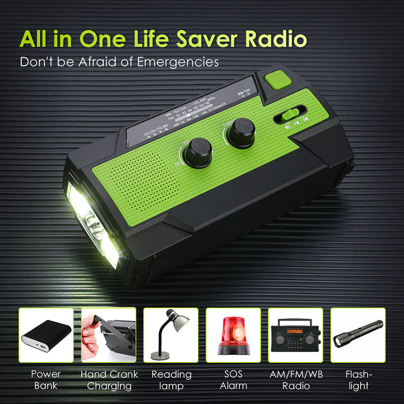 2020 Emergency Radio Flashlight Solar USB Battery Hand Crank Powered Radio AM/FM/WB 4000mA Power Bank Flashlight IPX3 Waterproof