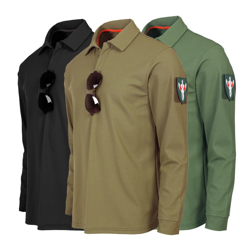 Spring Autumn Men's Lapel Long Sleeve Shirt Tops Male Outdoor Climbing Hiking Physical Training Breathable Combat Tactical Shirt